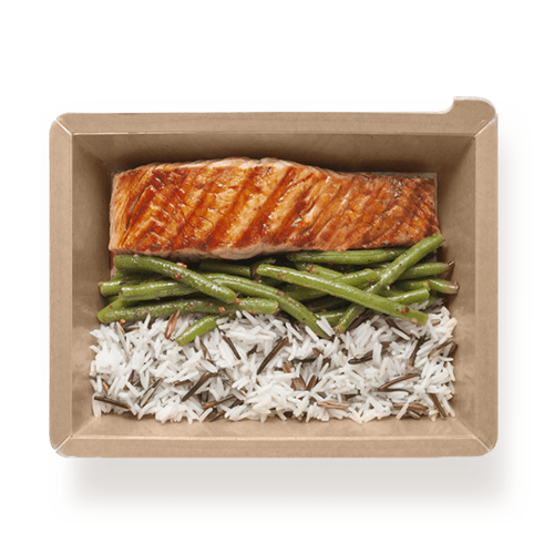 Σολομός σχάρας με σάλτσα miso, Άγριο Ρύζι και Φασολάκια