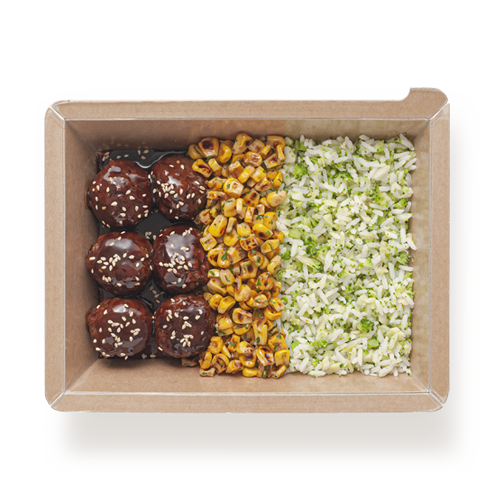 Plant-based meatballs with grilled corn and rice with broccoli 