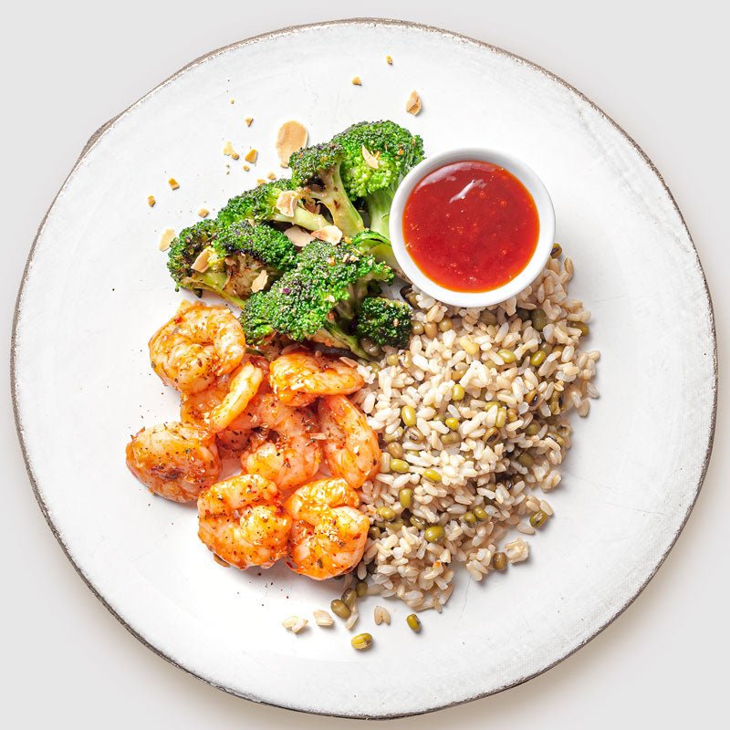 Best Γλυκόξινες γαρίδες με ψητό μπρόκολο και καστανό ρύζι Online In Athens - meallion