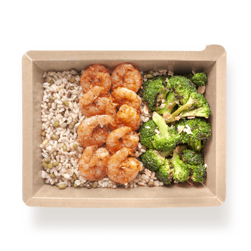 Best Γλυκόξινες γαρίδες με ψητό μπρόκολο και καστανό ρύζι Online In Athens - meallion