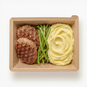 Best Μοσχαρίσια μπιφτέκια με φασολάκια και πουρέ πατάτας Online In Athens - meallion