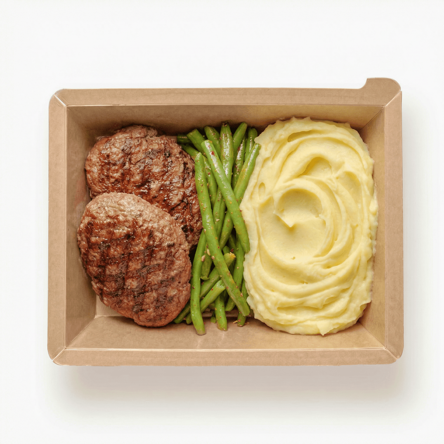 Μοσχαρίσια μπιφτέκια με φασολάκια και πουρέ πατάτας 