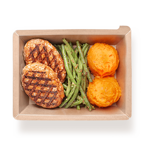 Best Μπιφτέκια κοτόπουλου με πουρέ γλυκοπατάτας και φασολάκια Online In Athens - meallion