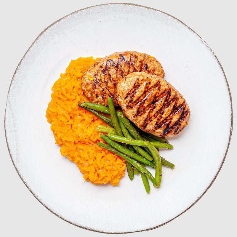 Best Μπιφτέκια κοτόπουλου με πουρέ γλυκοπατάτας και φασολάκια Online In Athens - meallion