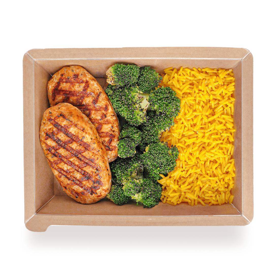 Best Μπιφτέκια κοτόπουλου με ψητό μπρόκολο και κίτρινο ρύζι Online In Athens - meallion