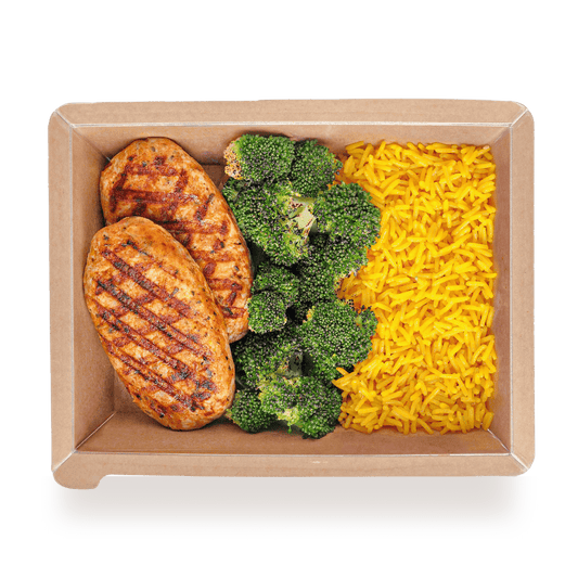 Best Μπιφτέκια κοτόπουλου με ψητό μπρόκολο και κίτρινο ρύζι Online In Athens - meallion