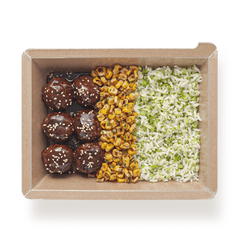 Best Plant - based meatballs με ψητό καλαμπόκι και ρύζι με μπρόκολο Online In Athens - meallion