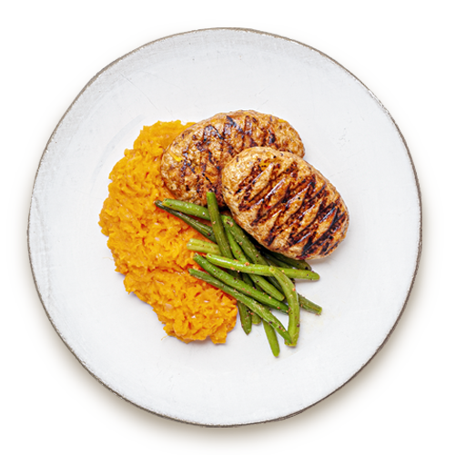 Free range chicken burgers with sweet potato puree and green beans