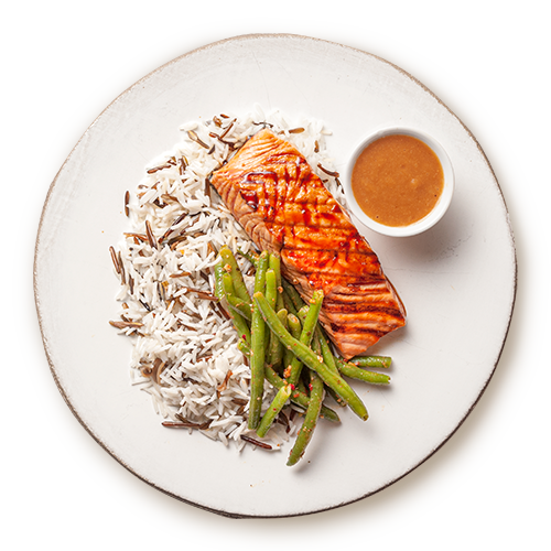 Salmon-miso with wild rice and green beans