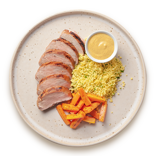 Fish steak with caramelized carrots, couscous and smoked honey-mustard sauce